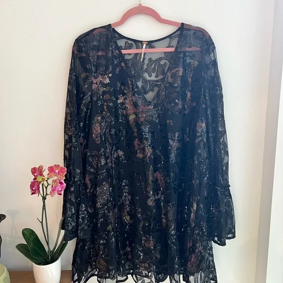 Free People Boho Black Sheer Sequin Tunic Dress - Picture 5 of 13